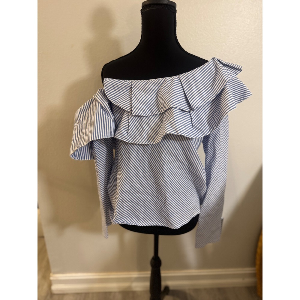 Blue White Striped Off Shoulder Ruffle Blouse Long Sleeve Asymmetrical Top
